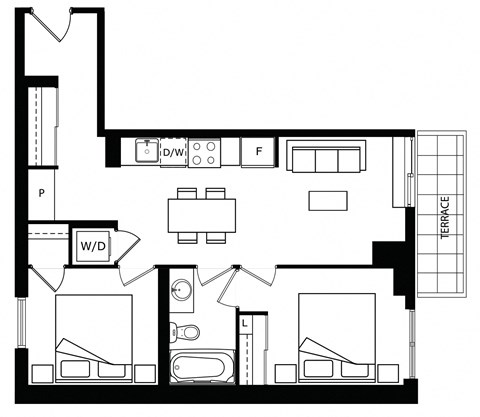Floor plan for 2 beds, 1 bath, 802 sqft